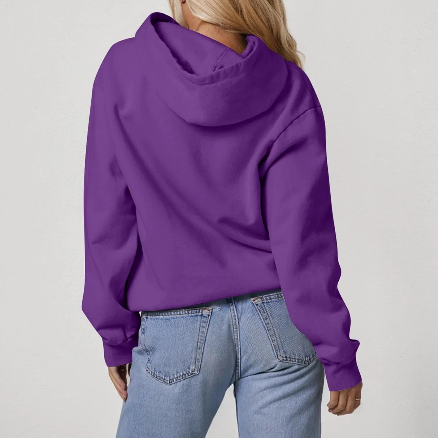 Женский свитшот с капюшоном, однотонный, с карманом, Women's Hoodies, длинным рукавом, 2-Purple — фото 4