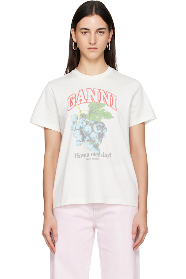 

Ganni Футболка Off-White из базового хлопкового трикотажа с принтом винограда, свободного кроя