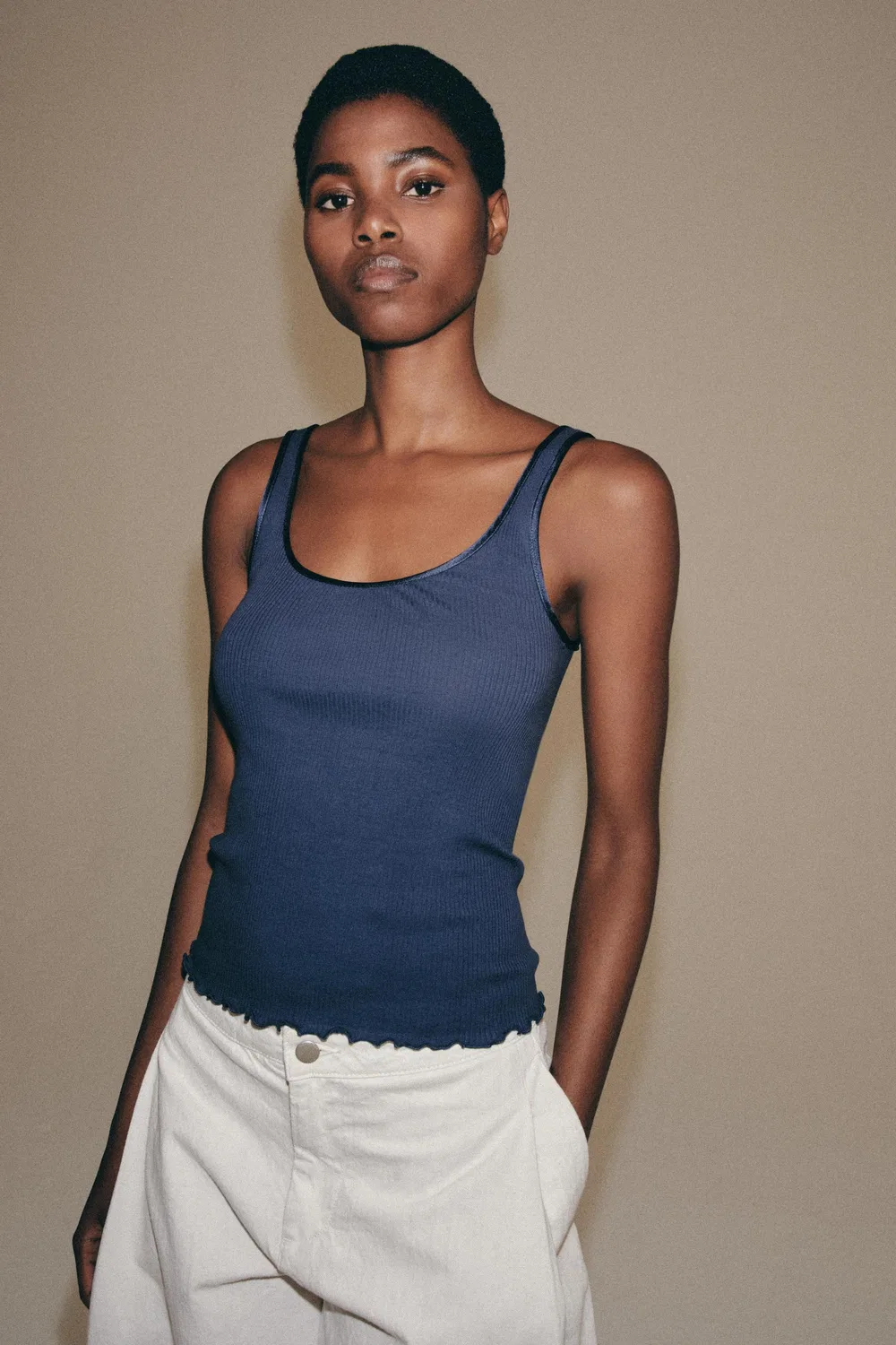 Хлопковая ребристая футболка без рукавов ZARA, Blue — фото 4