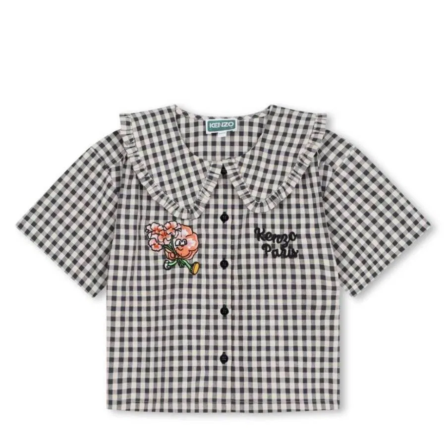 Детская рубашка с принтом в клетку Kids Gingham Check Logo Shirt Kenzo, Grey