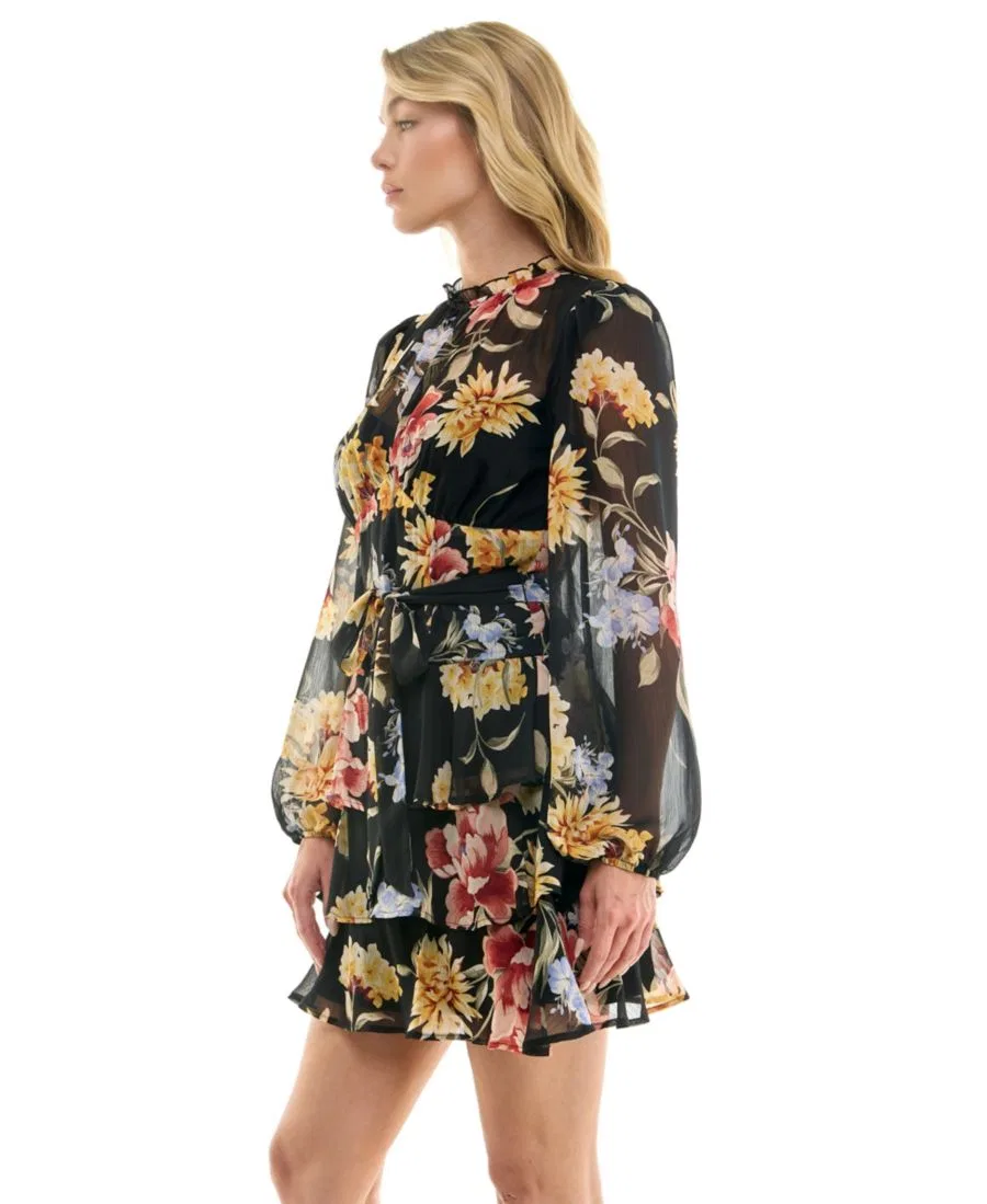 Платье с длинным рукавом и ярусной юбкой, модель Boat Neck Trixxi, Black Floral — фото 3