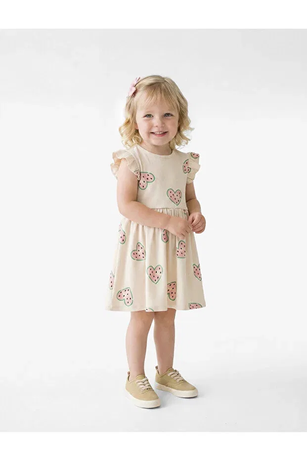 Детское платье для девочек с принтом Cotton Crew Neck Ruffle Sleeveless Heart Patterned Mini Dress Koton, Beige Patterned
