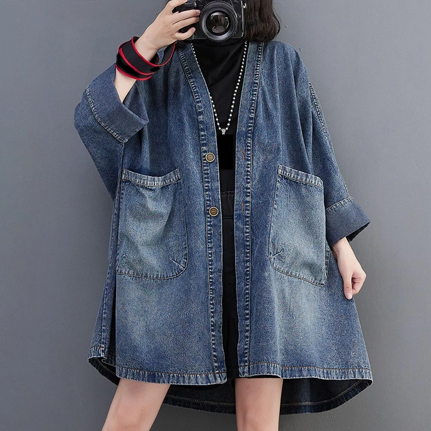 Женское джинсовое пальто oversize vintage с большими карманами, Blu — фото 2