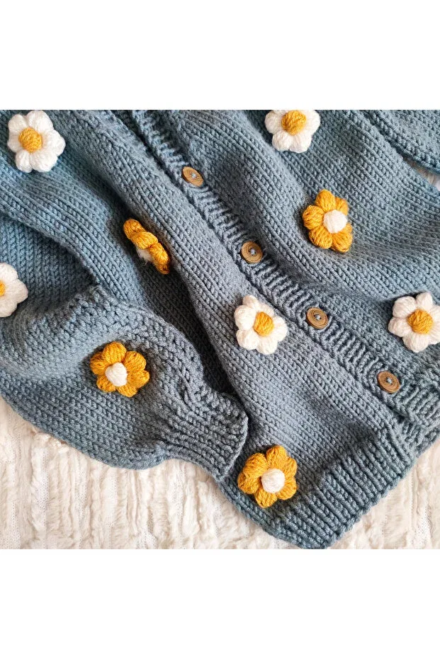Детский кардиган для девочек хлопковый Hand Knitted Daisy Motif Pamuk Atölye, Blue — фото 2