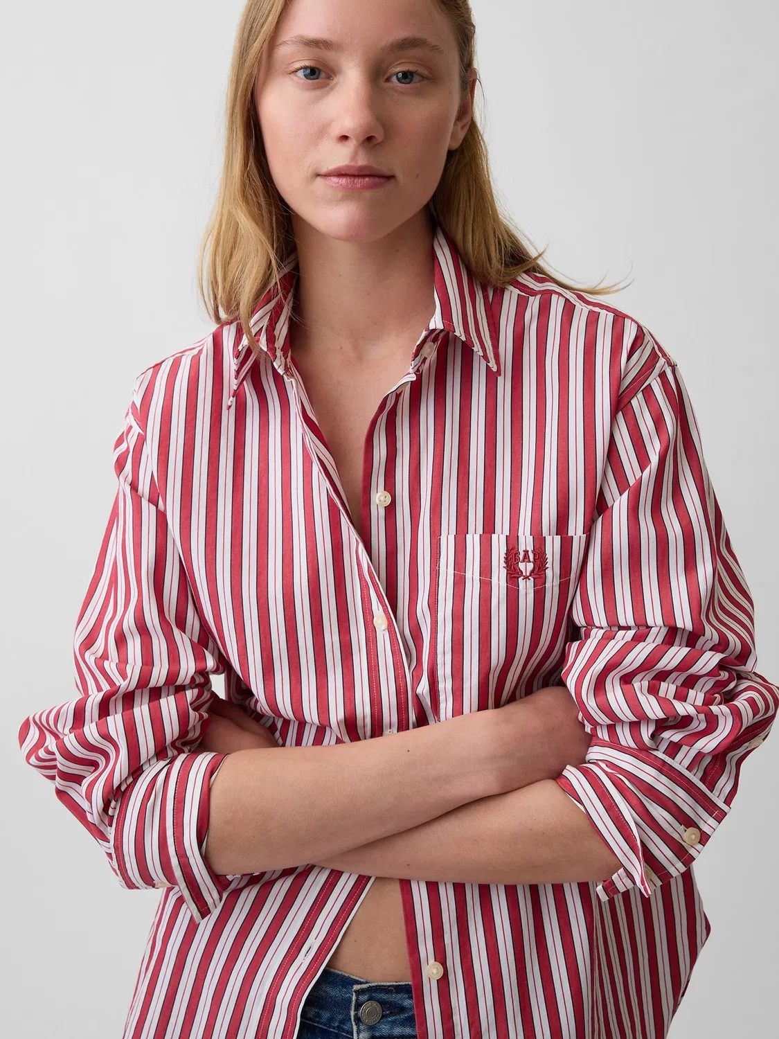 Рубашка оверсайз, в полоску, Big Shirt Gap, красная полоска — фото 4