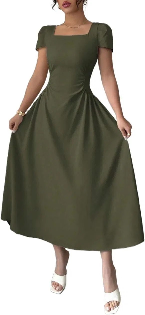 Женское элегантное платье с драпировкой и квадратным вырезом, Army Green