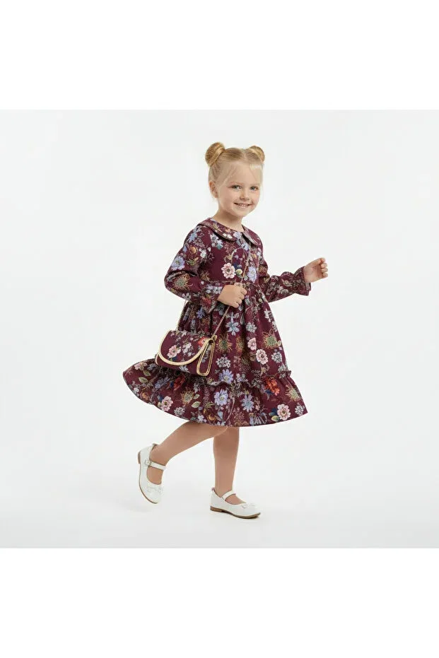 Детское платье для девочек хлопковое Floral girl's dress with bag Seabubbles, Burgundy — фото 2
