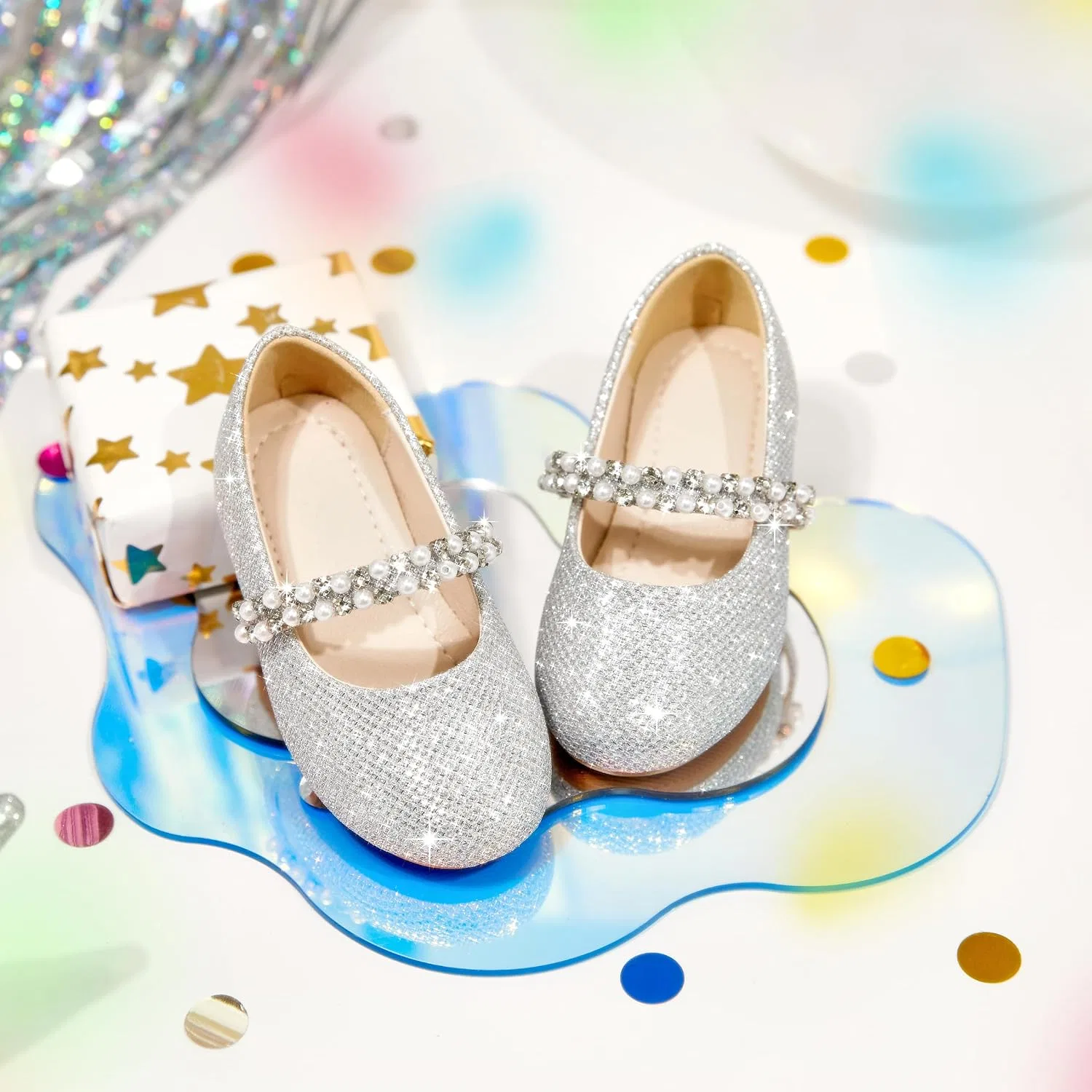 Детские балетки для девочек с цветочным принтом PHIRAMIN, Glitter Silver — фото 3