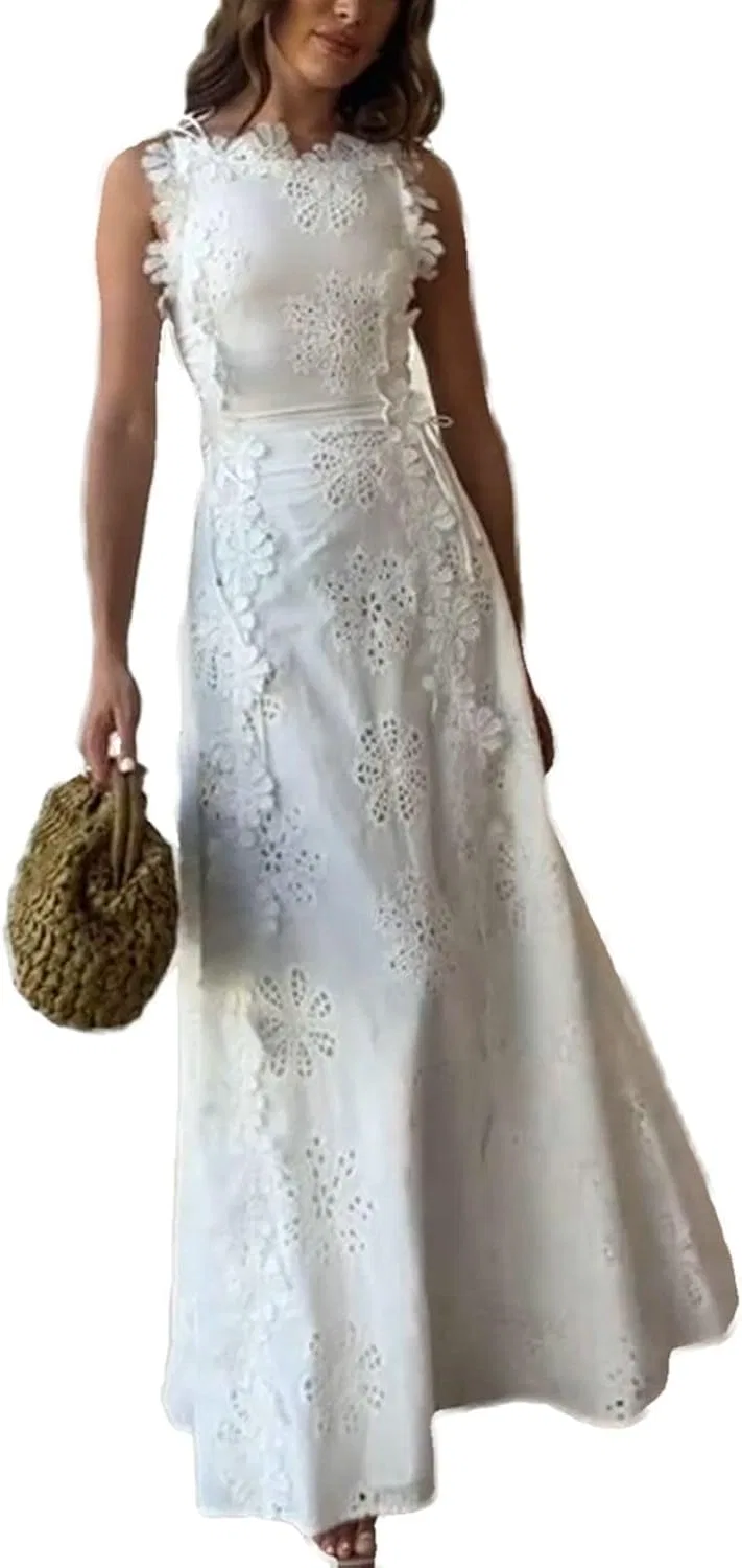 Женское кружевное платье макси с цветочной вышивкой, White