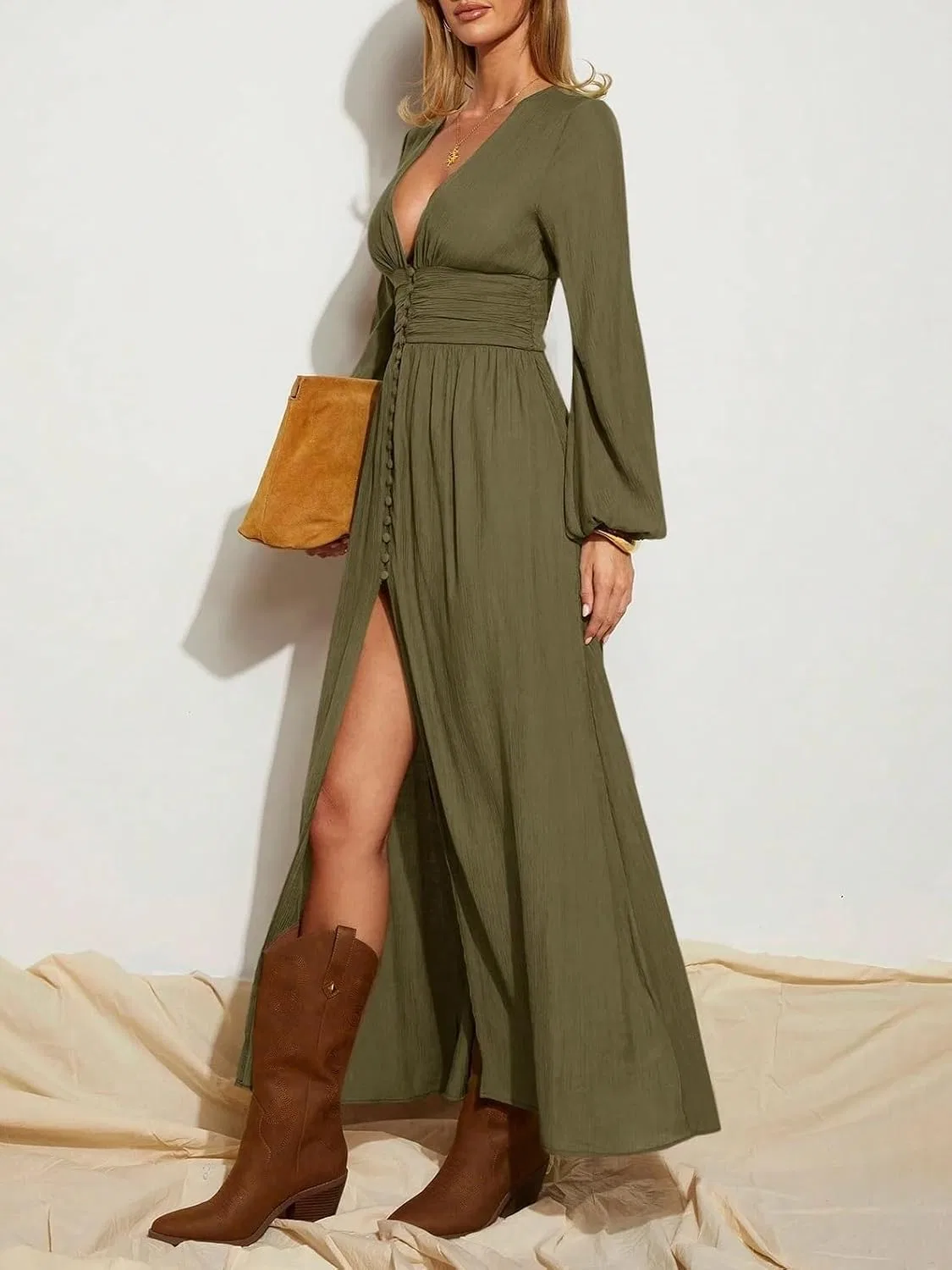 Женское длинное рукава макси платье с высоким разрезом A Line, Army Green — фото 4