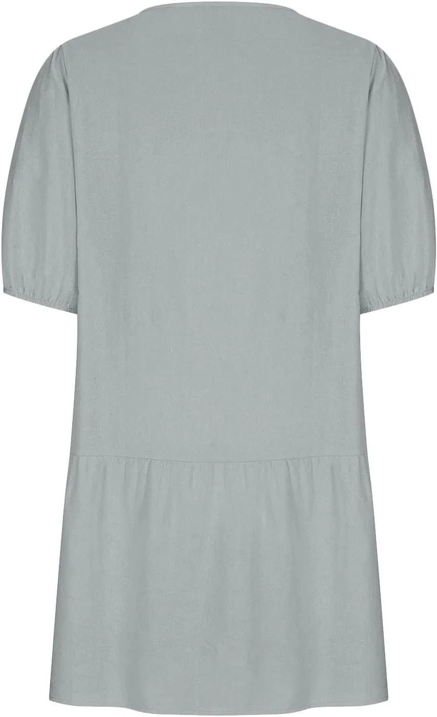 Женское мини-платье из хлопка и льна с коротким рукавом, Gray — фото 4