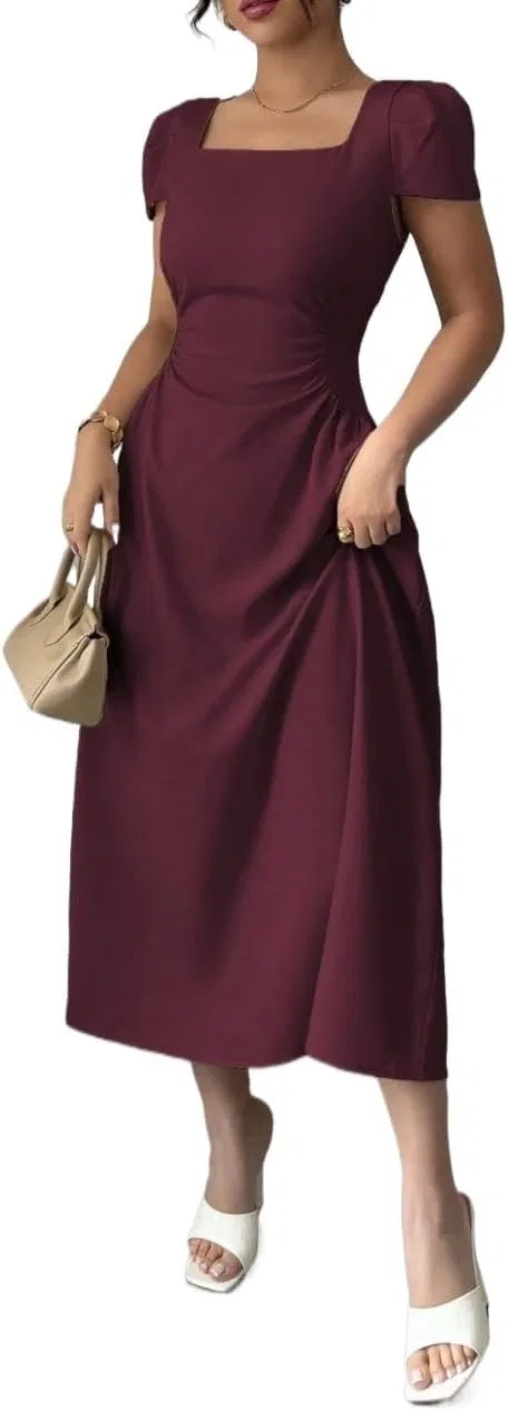 Женское платье А-силуэта с квадратным вырезом, Plain, Maroon