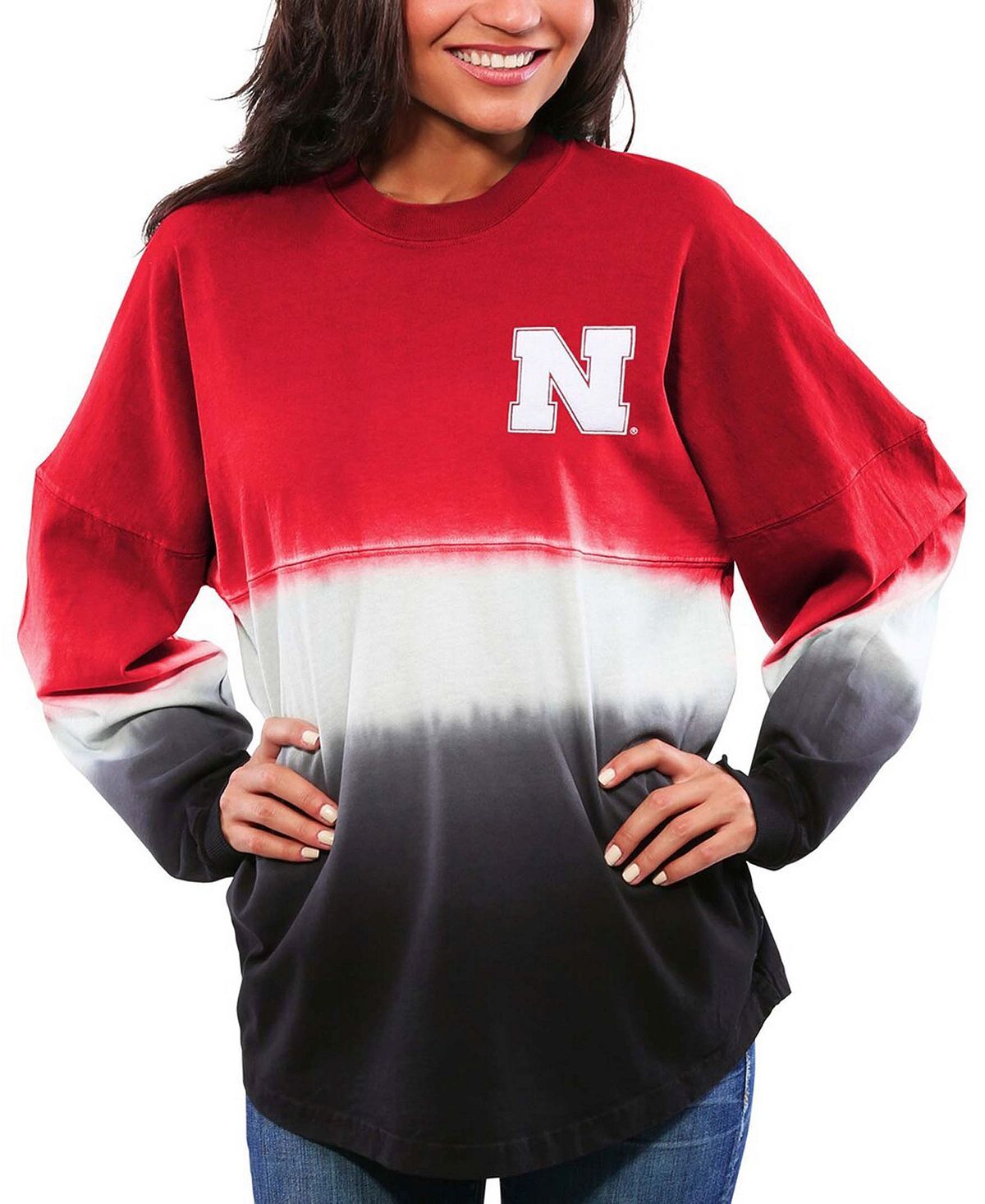 

Женская футболка Scarlet Nebraska Huskers с длинным рукавом и омбре, окрашенная погружением Spirit Jersey