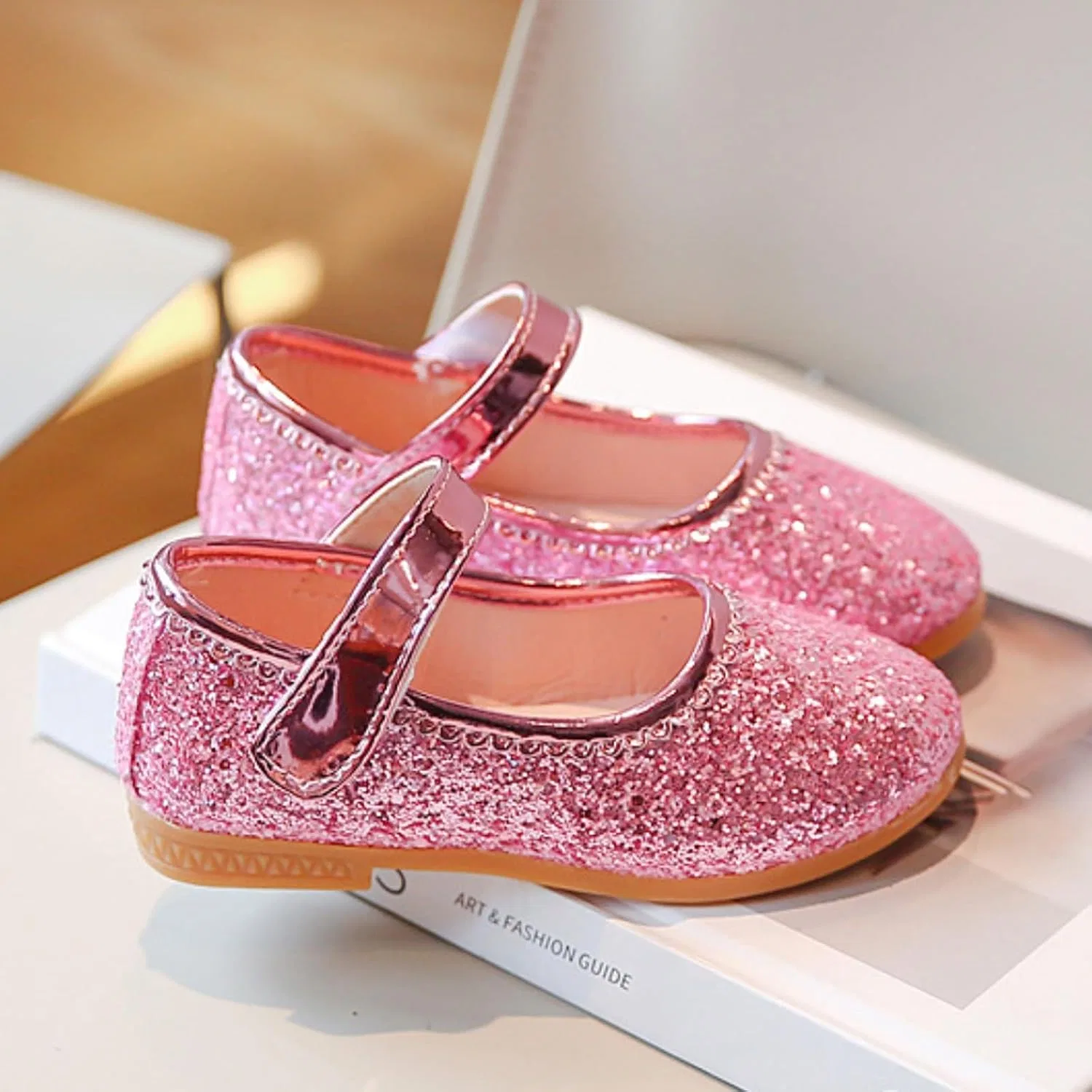 Детские туфли Мэри Джейн с блестками для девочек Flower Girl Glitter Flats, Pink — фото 2