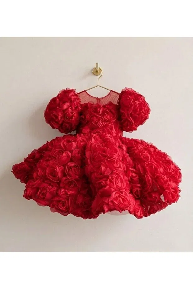 Детское платье для девочек с принтом Boutique Roselyn Girl's Fluffy Rose Detailed Birthday Dress Evening Dress Hobi, Red