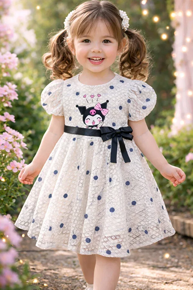 Детское платье для девочек с принтом Kuromi Bow Detail Evening Dress Hn Sport, White/Blue