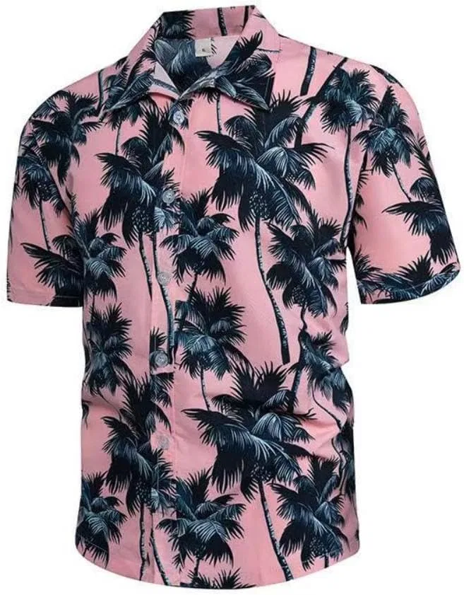 Мужская гавайская рубашка с коротким рукавом, с принтом, H-Pink Coconut Tree