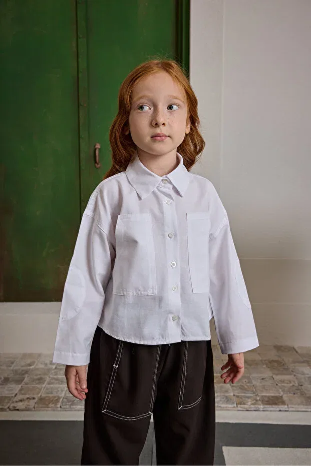 Детская рубашка для мальчиков с длинным рукавом Oversize shirt with kangaroo pocket Fahhar Kids, White — фото 2