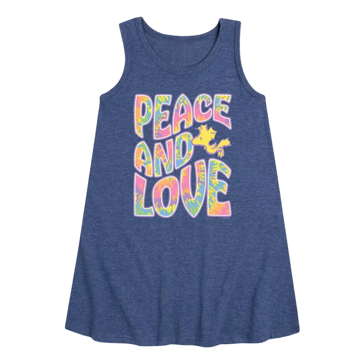 Детское платье-трапеция без рукавов с принтом Peanuts Peace & Love Woodstock Peanuts, Heather Navy