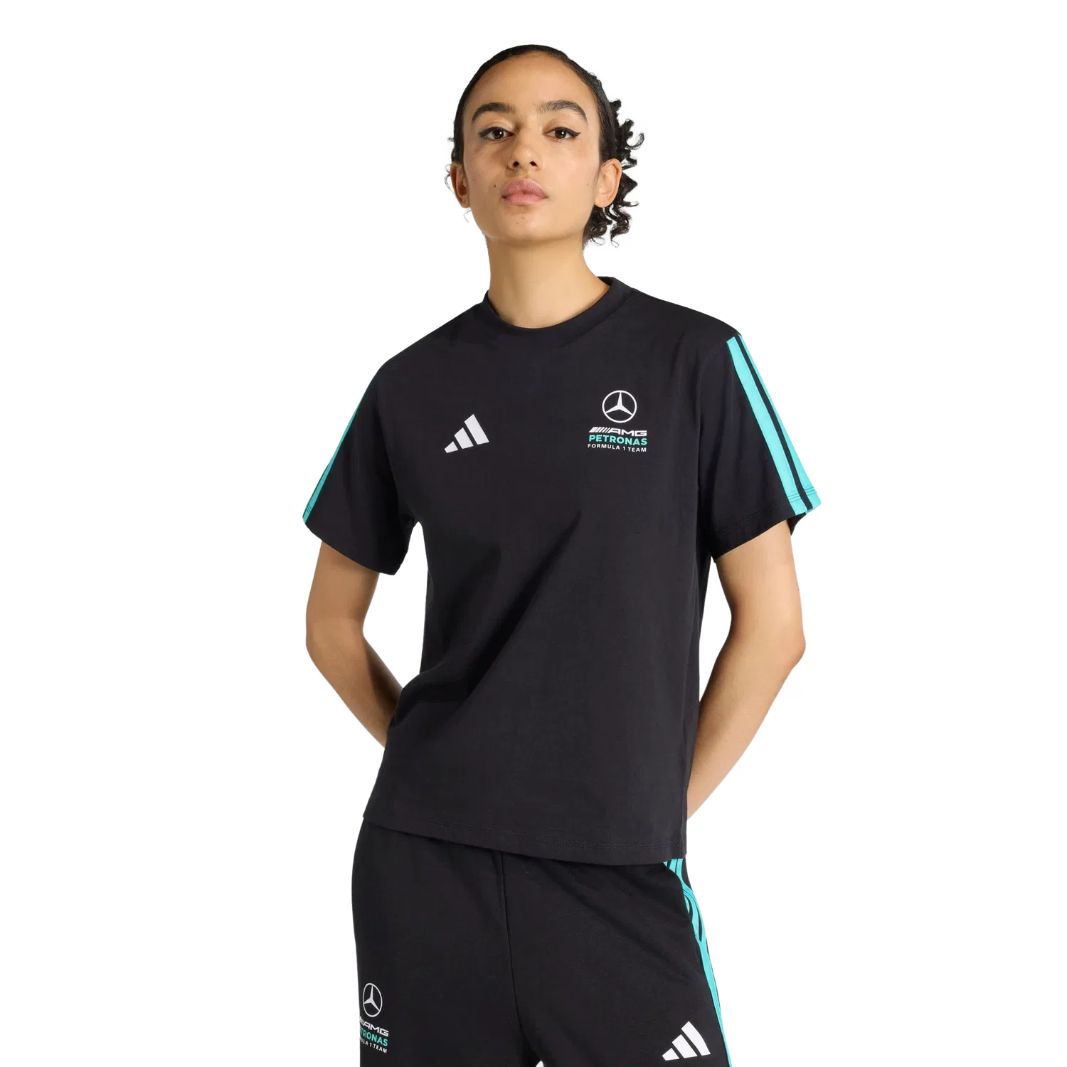 Женская футболка с принтом Mercedes-AMG Petronas Formula 1 Team Adidas, черный — фото 2