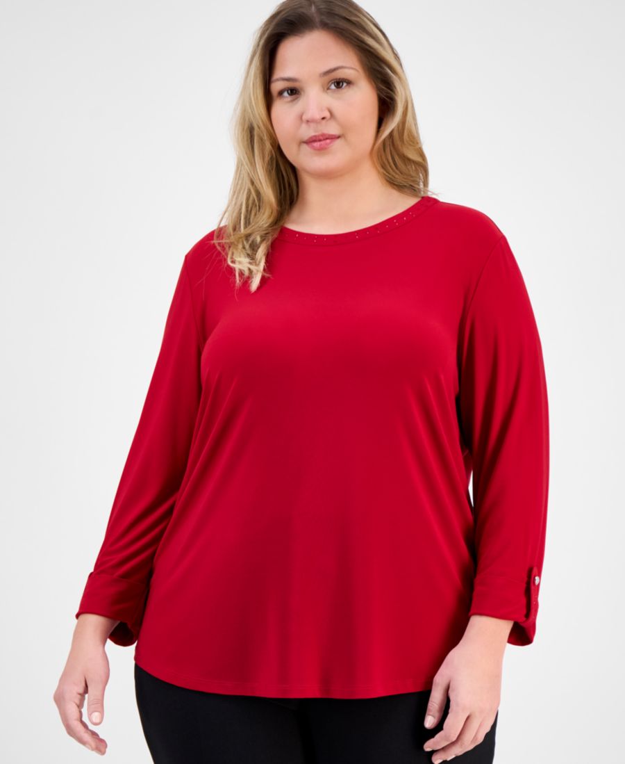 

Топ большого размера с рукавами 3/4 и круглым вырезом на пуговицах AK Anne Klein, Fire Red