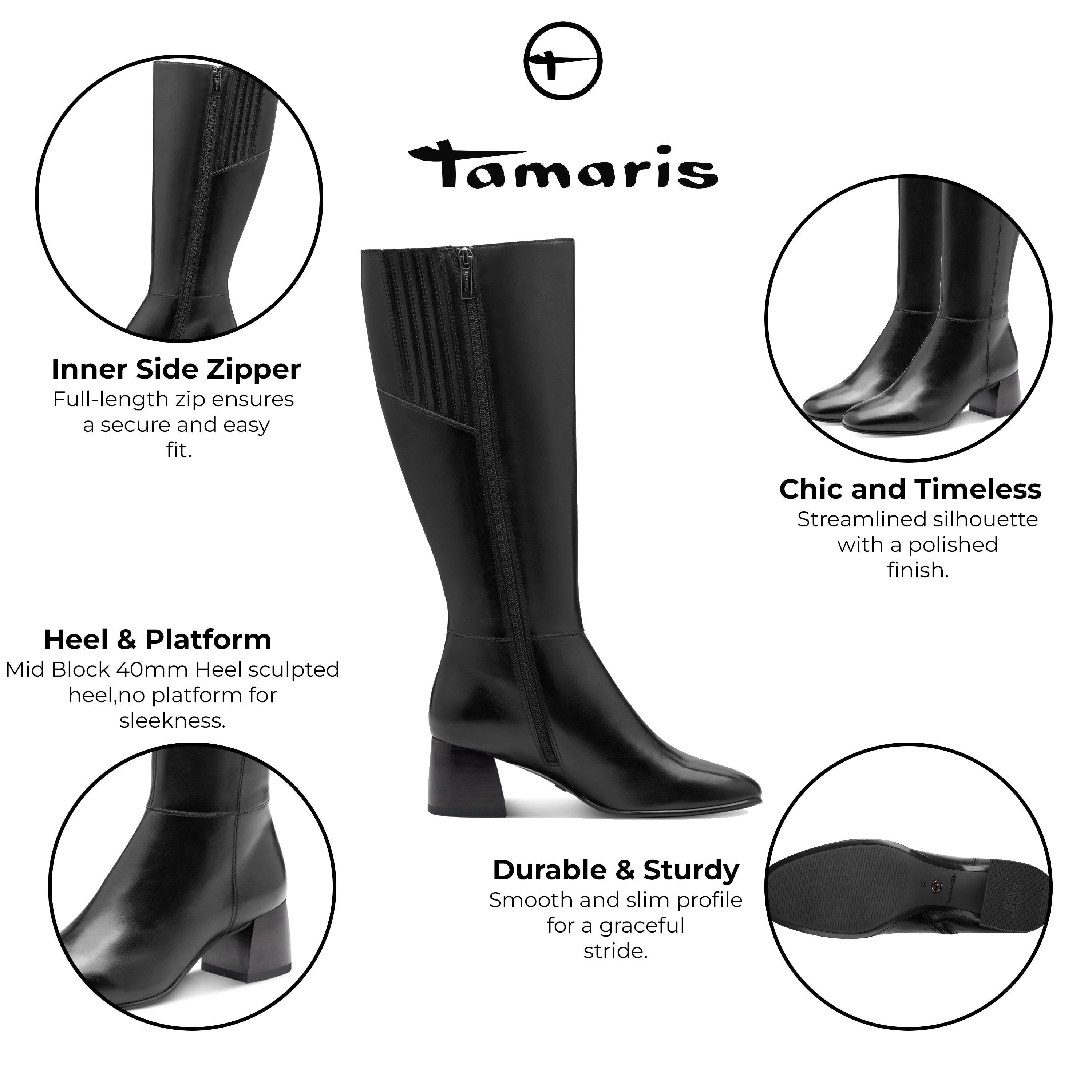 Tamaris Женские черные кожаные высокие сапоги-ботфорты TMRS — фото 2