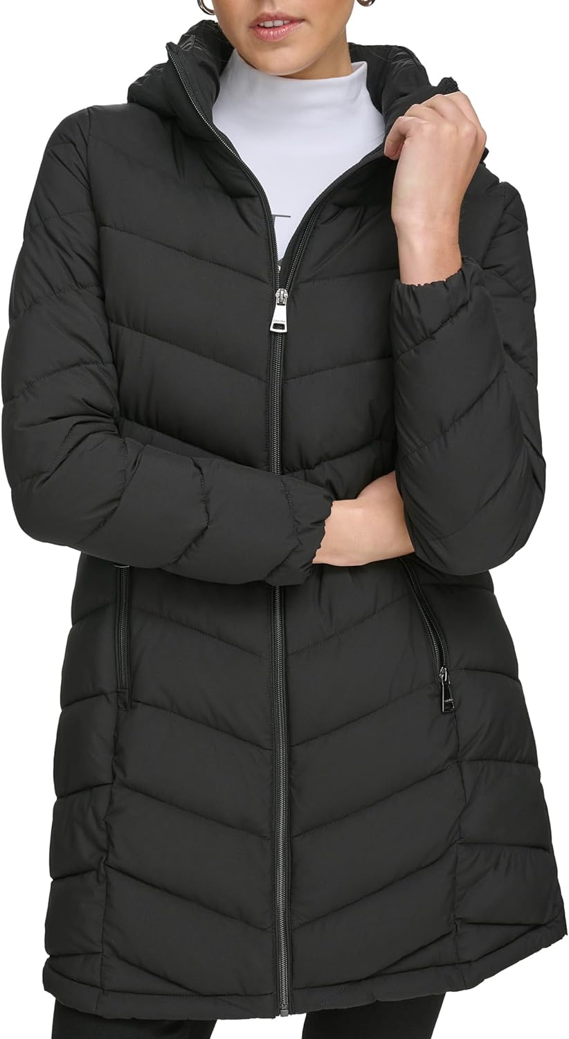 

Calvin Klein Женская классическая утепленная куртка с капюшоном на молнии, Light-weight Chevron Ebony