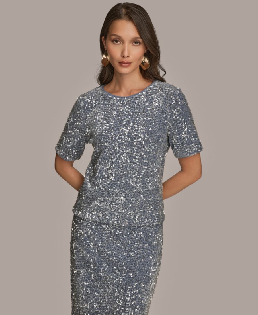 

Женская футболка с короткими рукавами и круглым вырезом, украшенная пайетками Donna Karan New York, Tempest