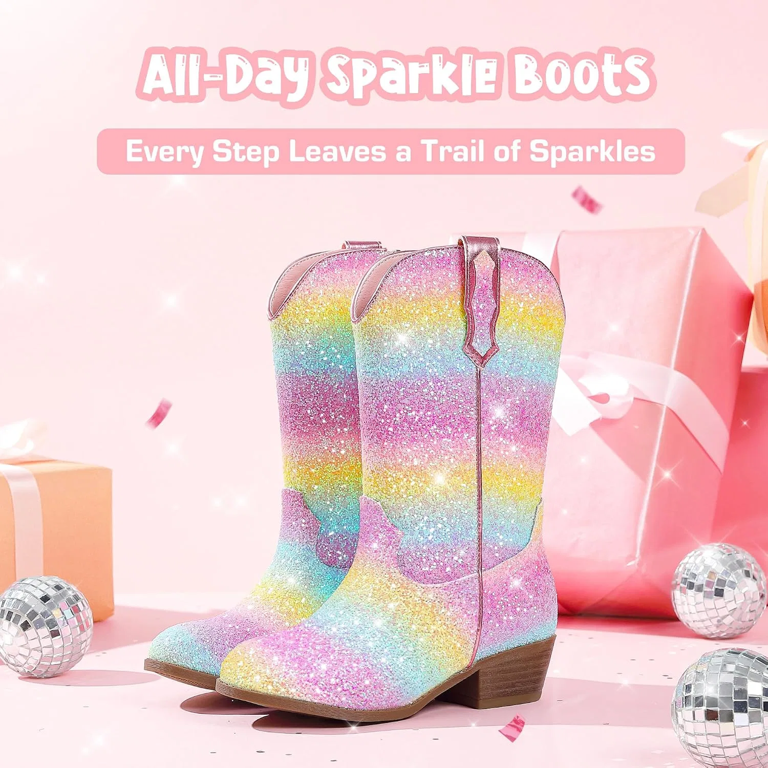 Детские сапоги для девочек с блестками Cowgirl Boots Motasha, Rainbow Sequins — фото 4