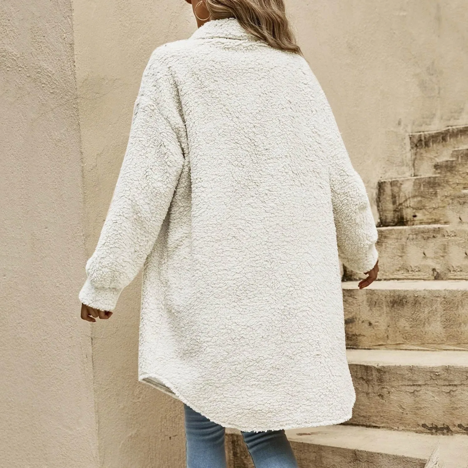 Женское пальто с длинным рукавом, модель Women Winter Coats Fleece Jacket Long Sleeve Cardigan Sweatshirts Open Front Lapel Outerwear, bianco — фото 2