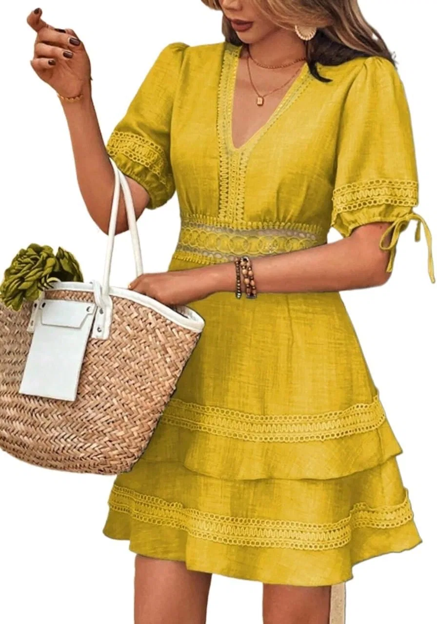 Женское мини-платье A-силуэта с кружевом Generic, Yellow