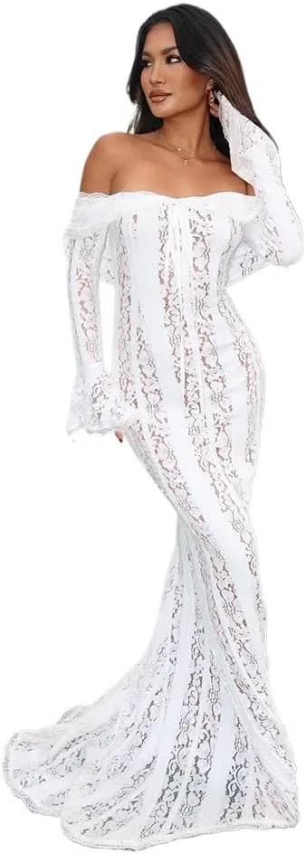 Женское вечернее платье с кружевом Off Shoulder, White