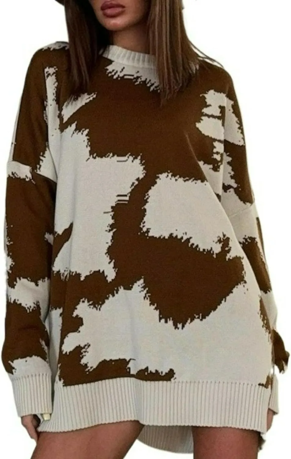 

Браун свитер с принтом коровы вязаный риббенд цветной блок круглый вырез оверсайз осень стритвир PanoraCirqi