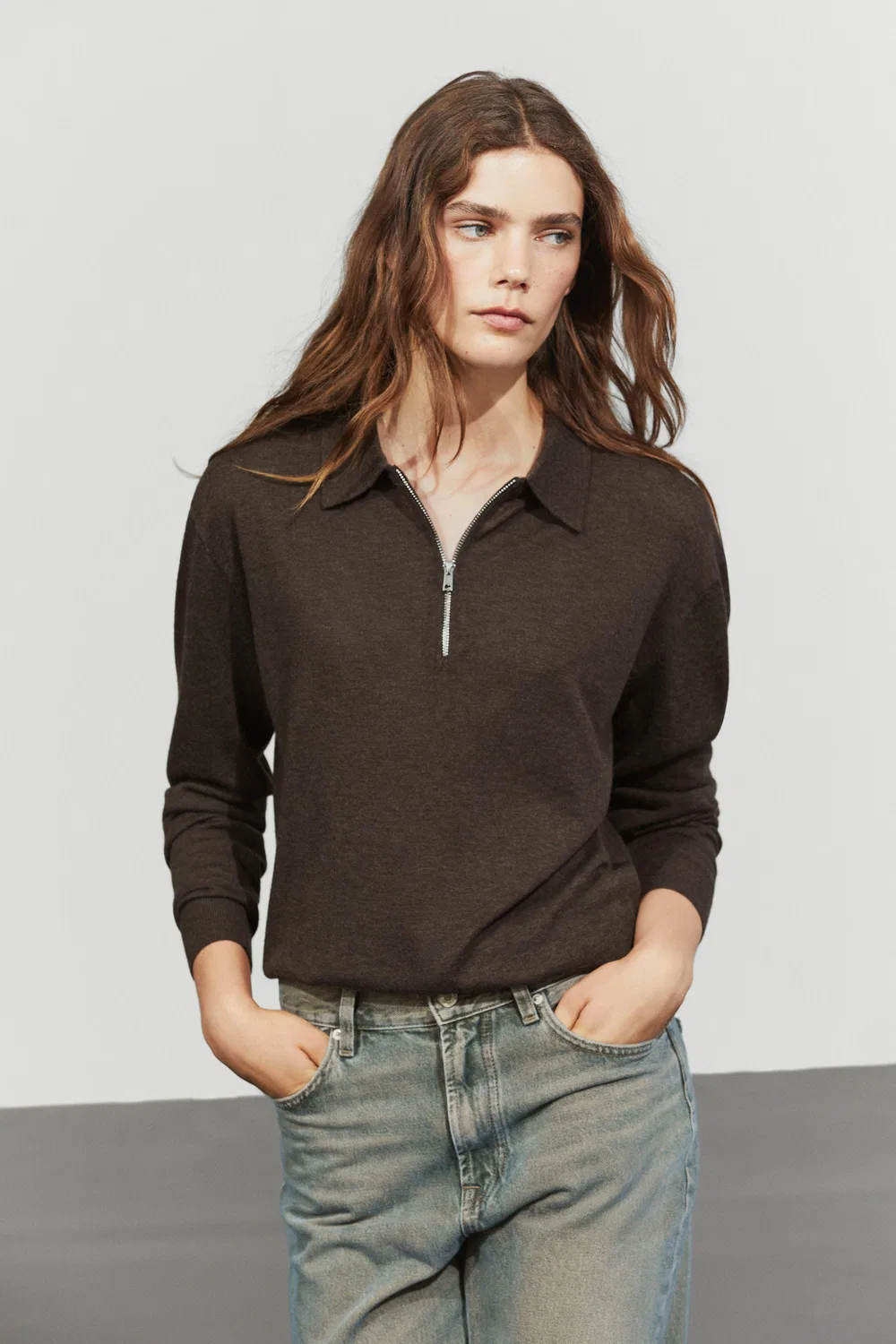 Свитер Massimo Dutti Wool Blend Quarter-Zip Knit, шоколадно-коричневый