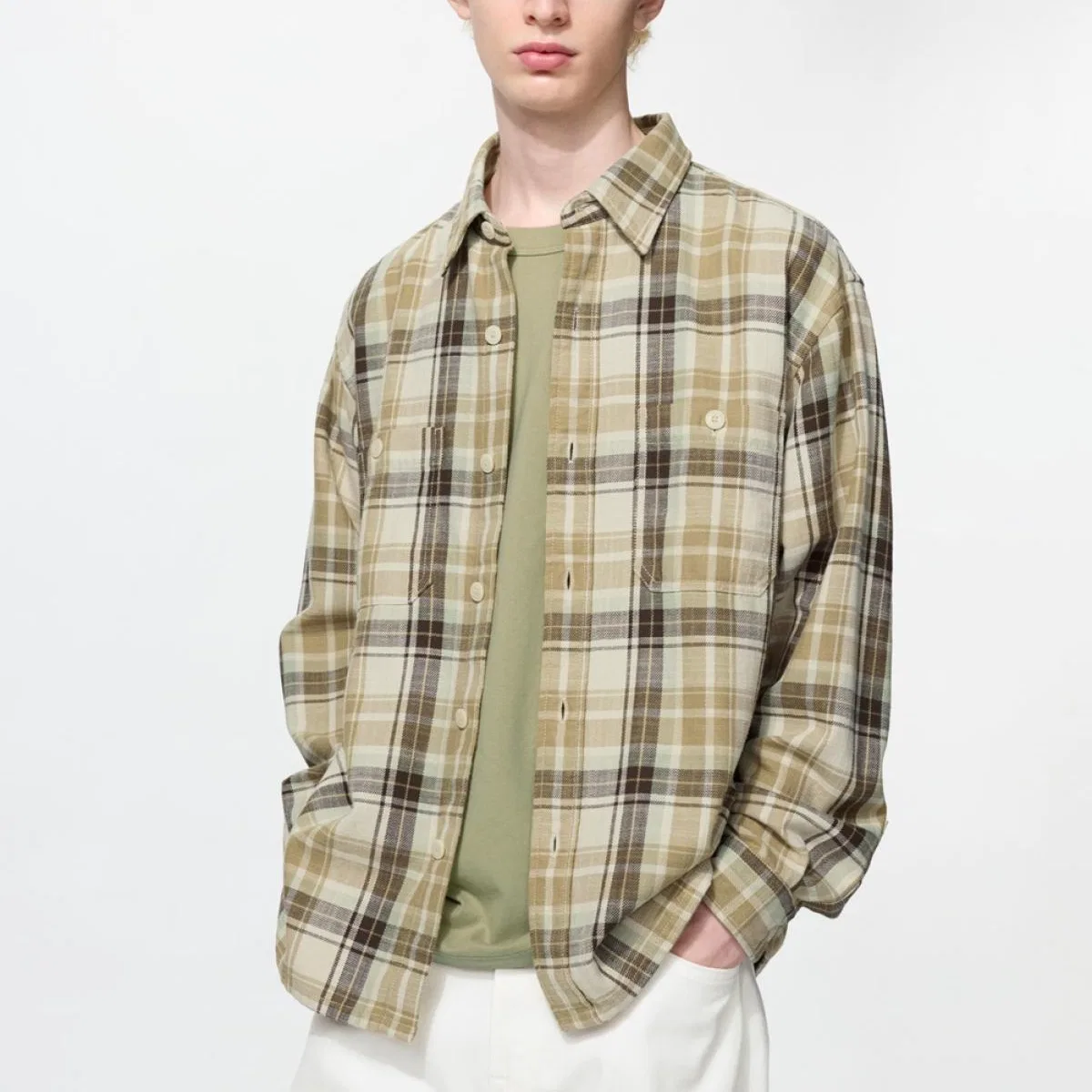Мужская рубашка с лацканами Dark Beige UNIQLO — фото 4
