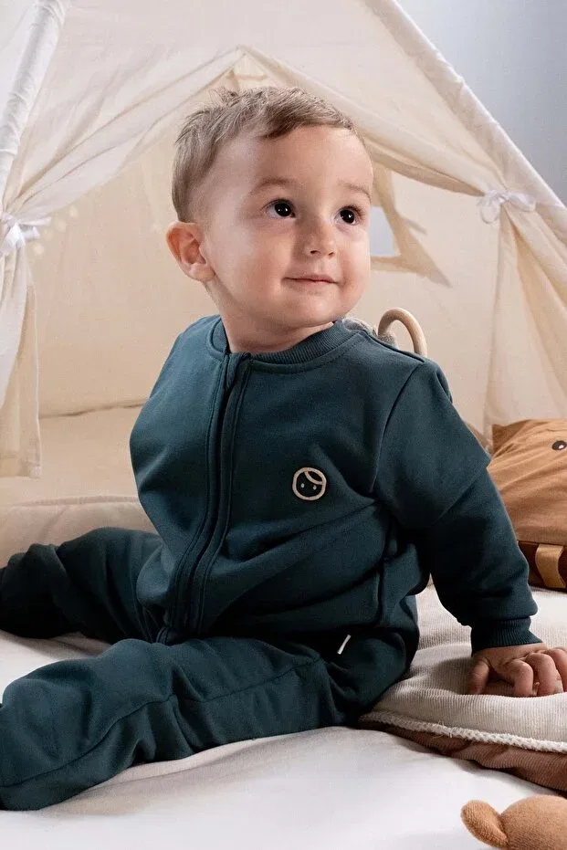 Детский комбинезон с длинным рукавом Organic cotton furry inside green zippered baby romper Little Gusto, Green — фото 4