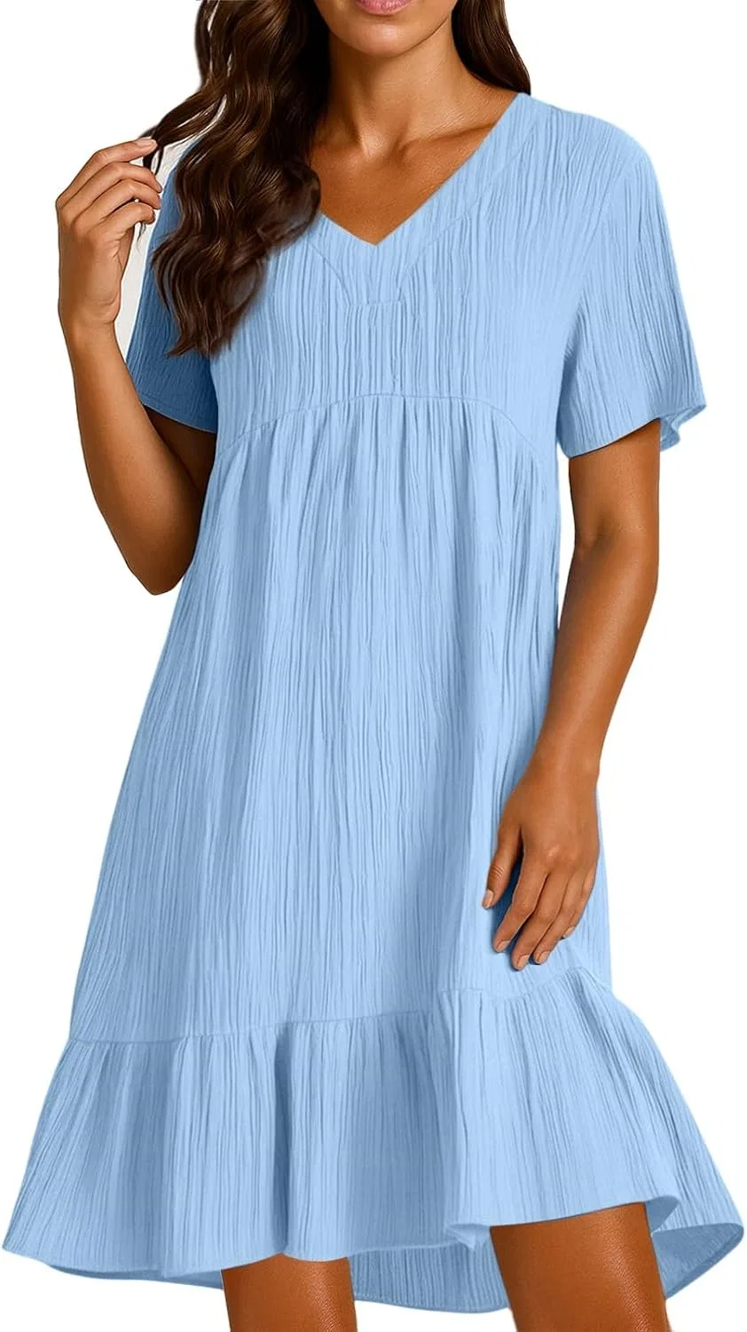 Женское летнее мини-платье с V-образным вырезом и оборками, Light Blue