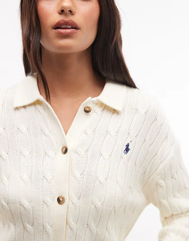 Кардиган прямого кроя Polo Ralph Lauren с косами, кремовый — фото 3