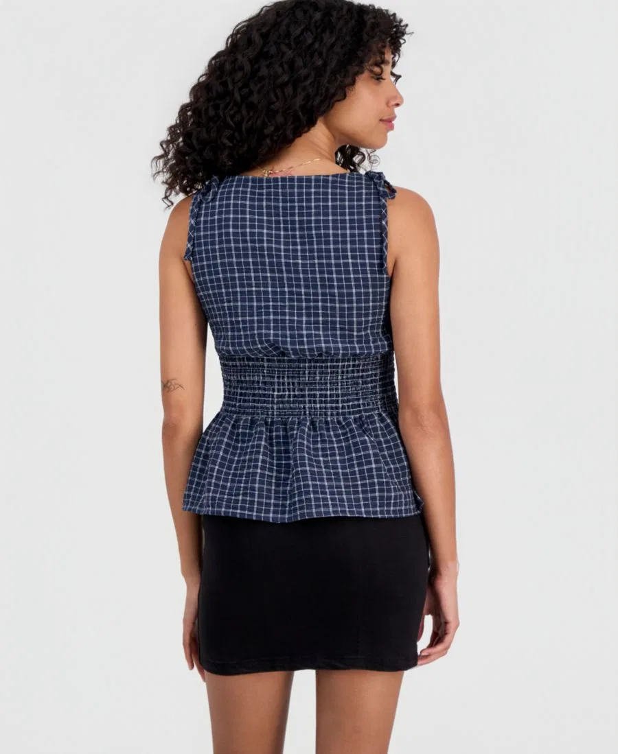 Топ на бретелях с принтом в клетку, модель Plaid Smocked-Back Tank Rebellious One, Navy Blazer White — фото 2