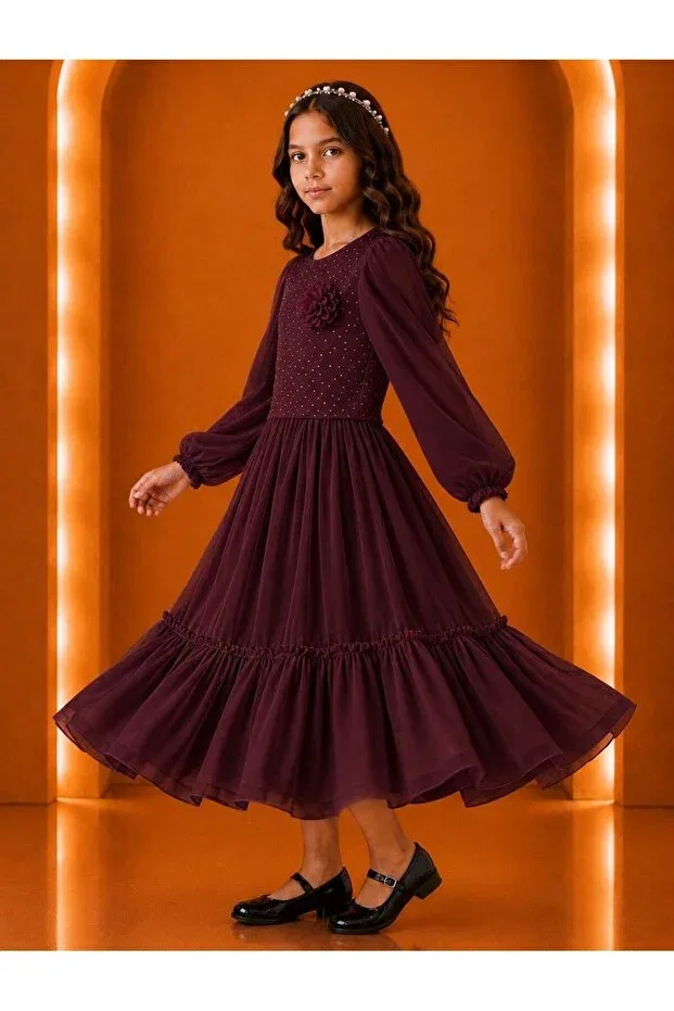 Детское платье для девочек с длинным рукавом Modest Clothing Esmagül Kids, Burgundy