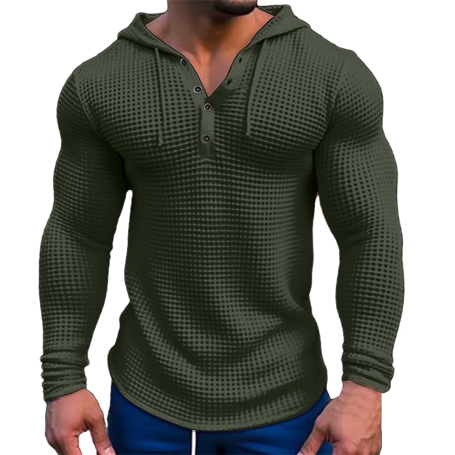 Мужское худи с принтом Honeycomb Drawstring Hoodie Pullover Button Hoodie Muscle Fit Long Sleeve Casual Fashion Athletic Workout Lightweight Sporty Henley, Green