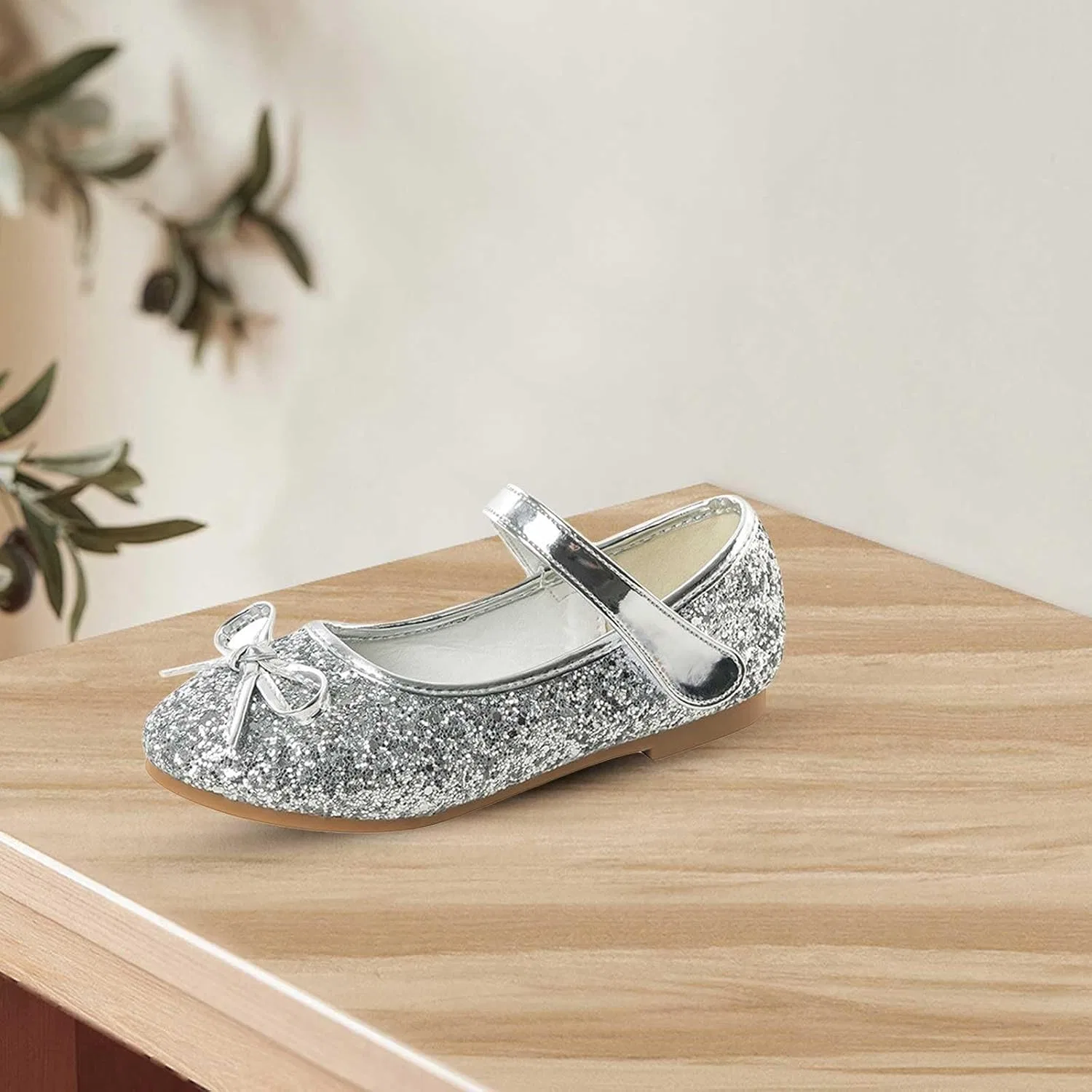 Детские туфли для девочек с блестками и бантом, Silver — фото 3