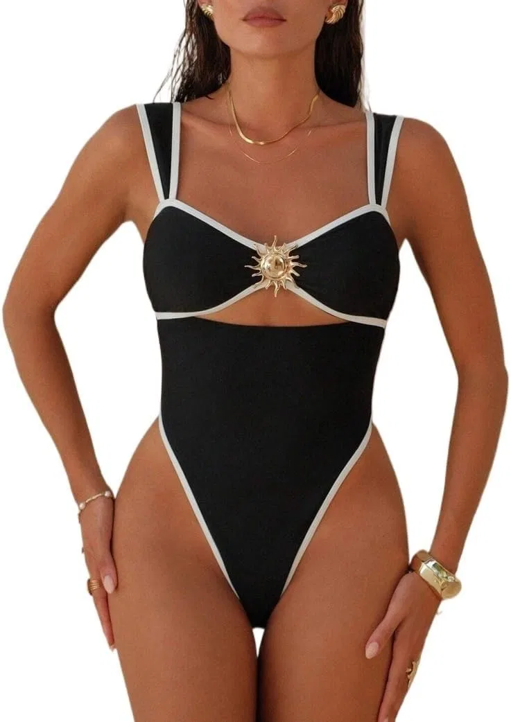 Женский цветной цельный купальник Monokini для пляжного отдыха, Black/White