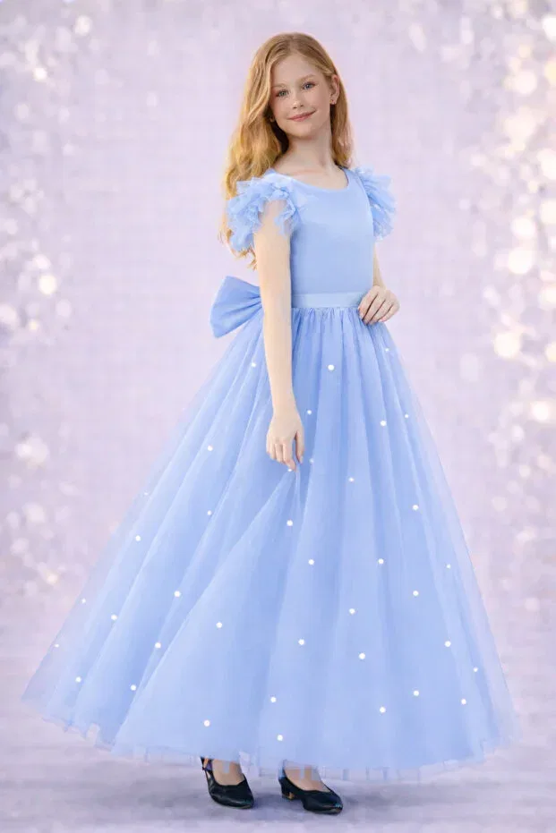 Детское платье для девочек с длинным рукавом Baby Girl Baby Blue Gathered/Ruffled Sleeve Long Pearls Graduation Dress Madyabutik, Blue