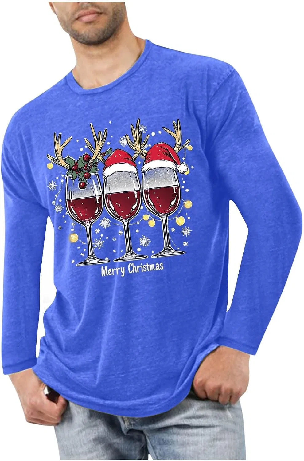 Мужская футболка с рождественским принтом Long Sleeve Printed T-Shirt, Light Blue