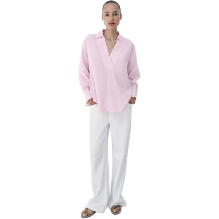 Женская рубашка с V-образным вырезом Pink ZARA, Розовый — фото 3