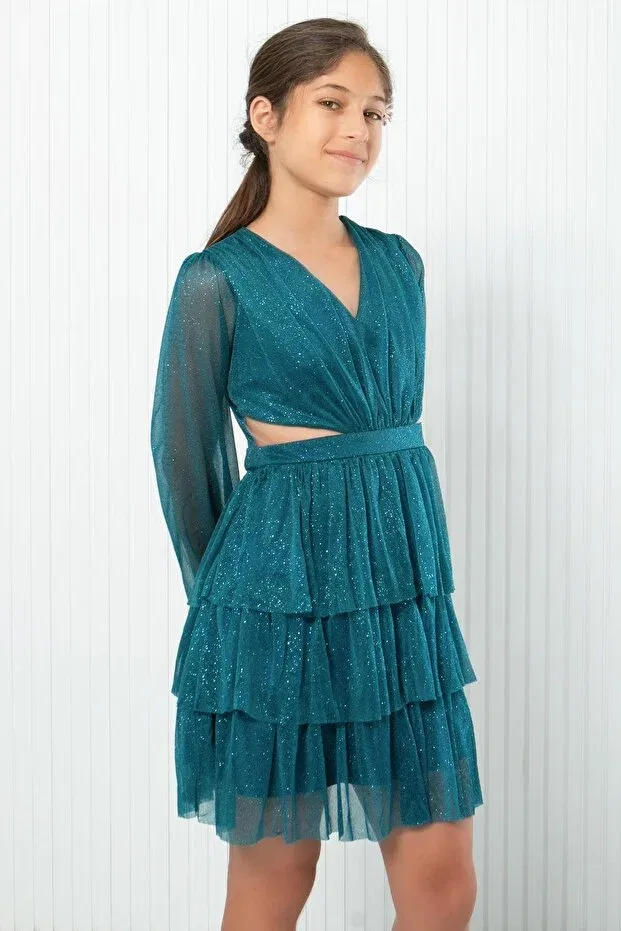 Детское вечернее платье с воланами Ruffled Glitter Tulle Children's Evening Dress Petrol Subu Tasarim, Turquoise — фото 3