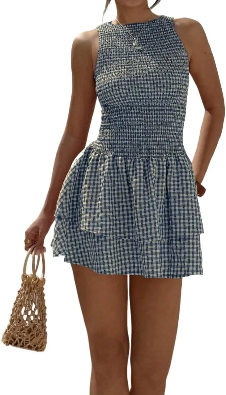 Женское повседневное платье без рукавов с рюшами, Blue Plaid