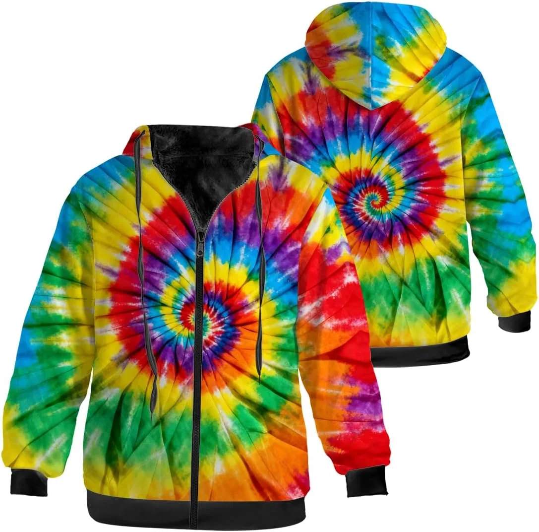 Женское мужское зимнее пальто с капюшоном, флисовой подкладкой и молнией, Tie Dye, 3213 Colorful Tie Dye — фото 3