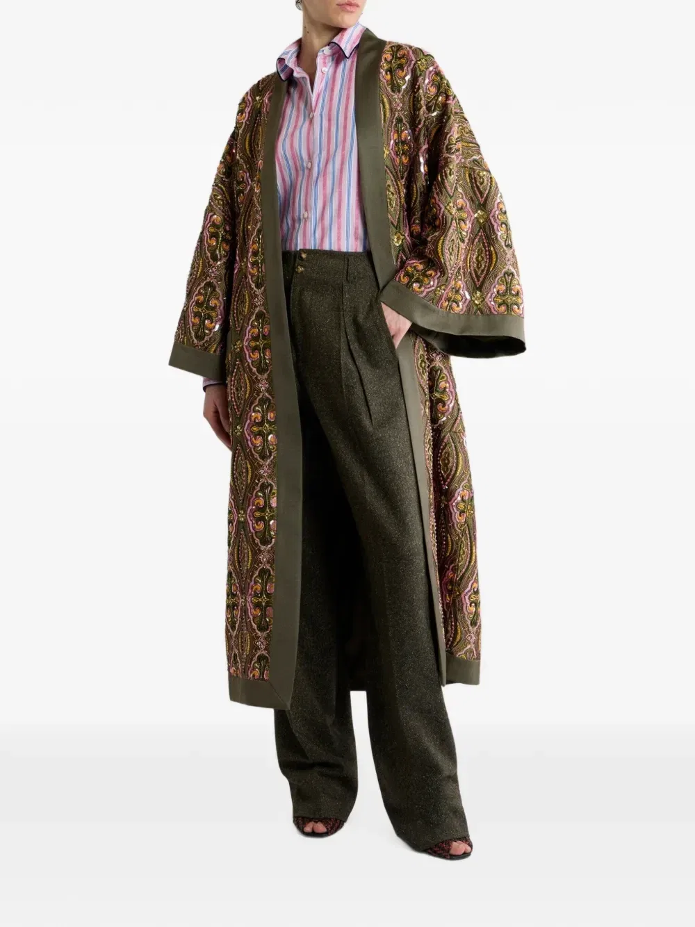 Пальто-кимоно с вышивкой Etro, зеленый — фото 2